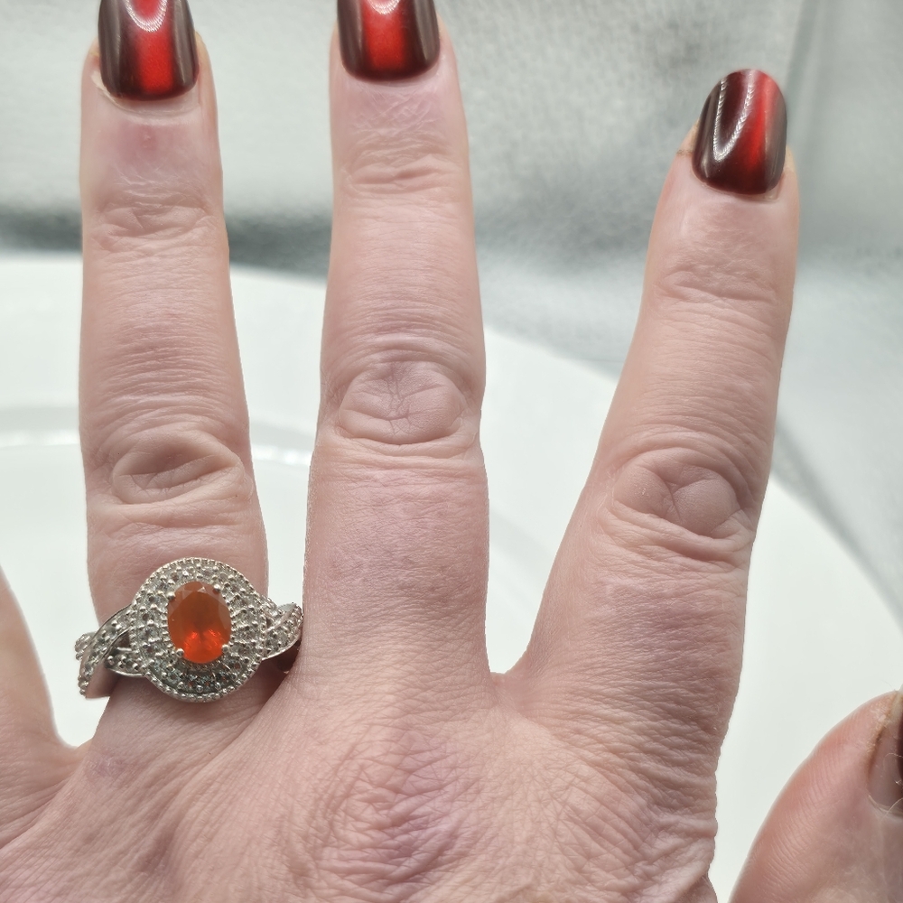 Designer Signed Mexican Fire Opal And White Topaz Halo Ring - Picture 8 of 8